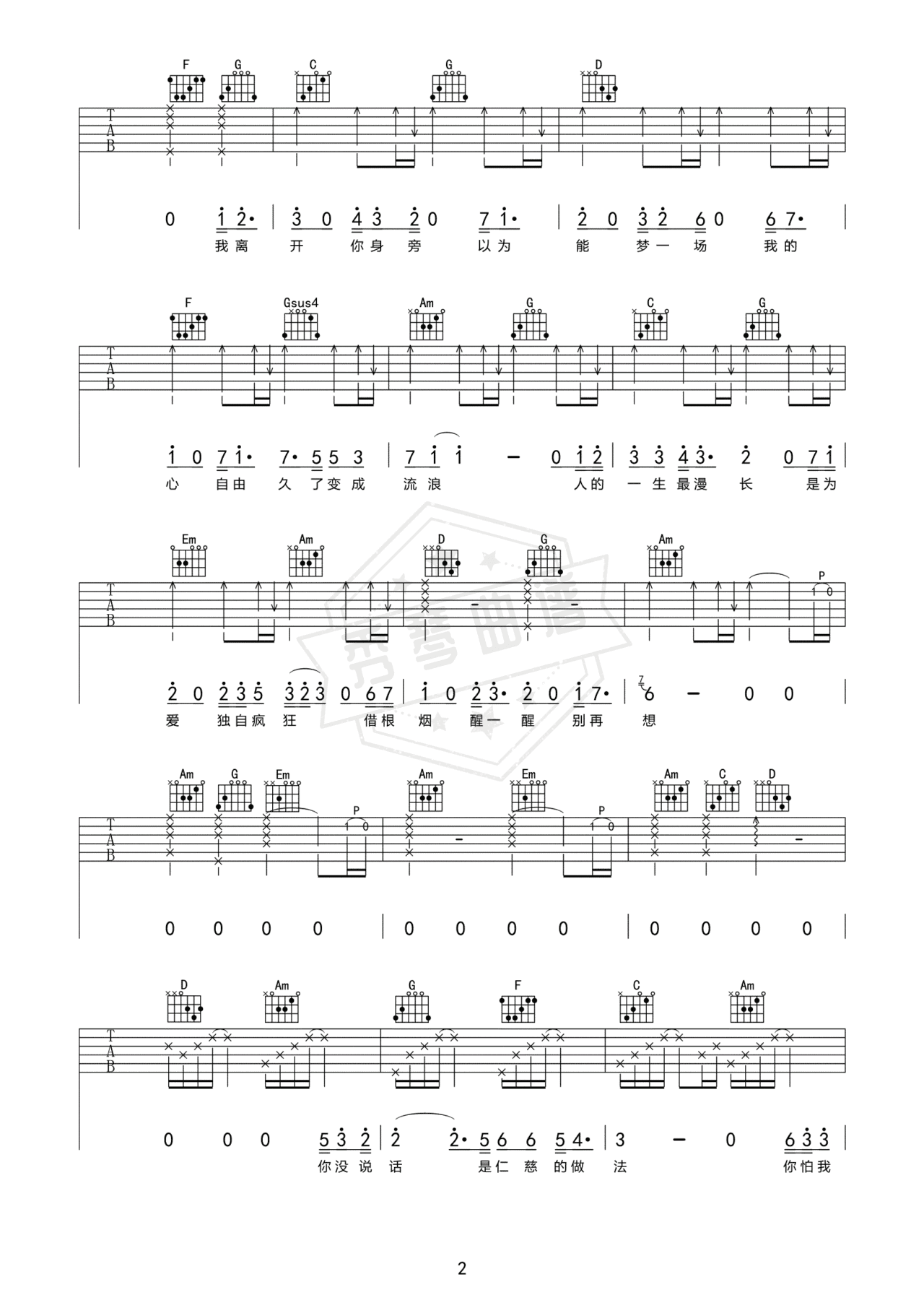图片[2]-《借根烟》吉他简谱a#调弹唱谱（齐秦）-秀琴曲谱网