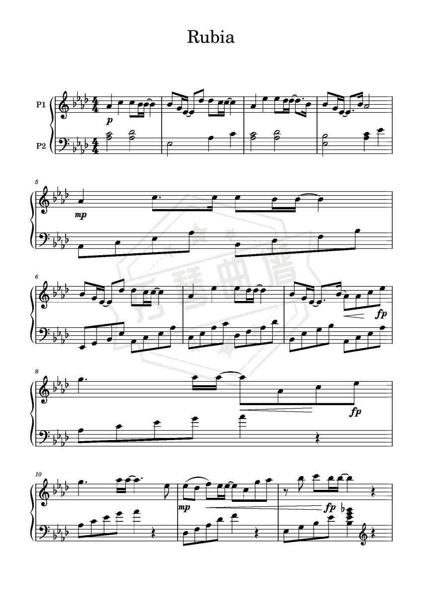 《Rubia》钢琴五线谱A调演奏版(周深)-秀琴曲谱网