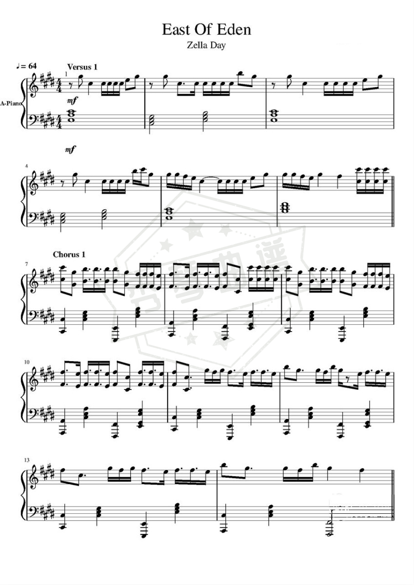 《East of Eden》钢琴五线谱e调演奏版-秀琴曲谱网