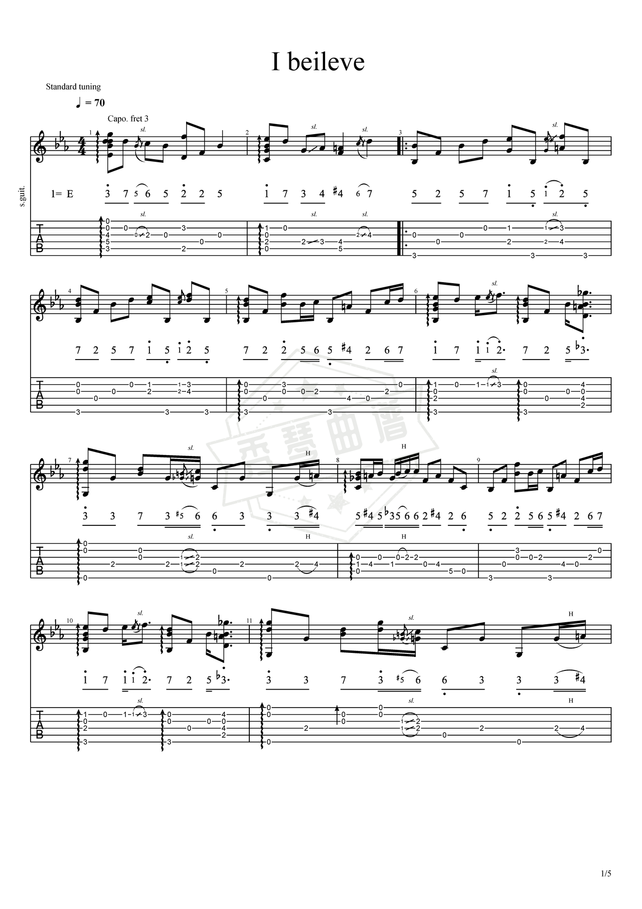 《I Believe》吉他简谱C调指弹谱（陶喆）-秀琴曲谱网