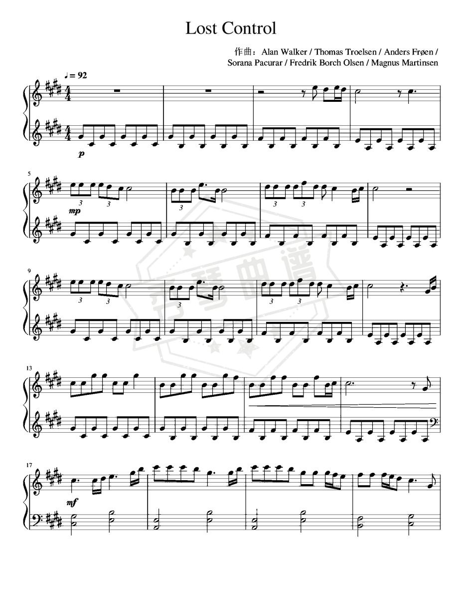 《Lost Control》钢琴五线谱e调演奏版-秀琴曲谱网