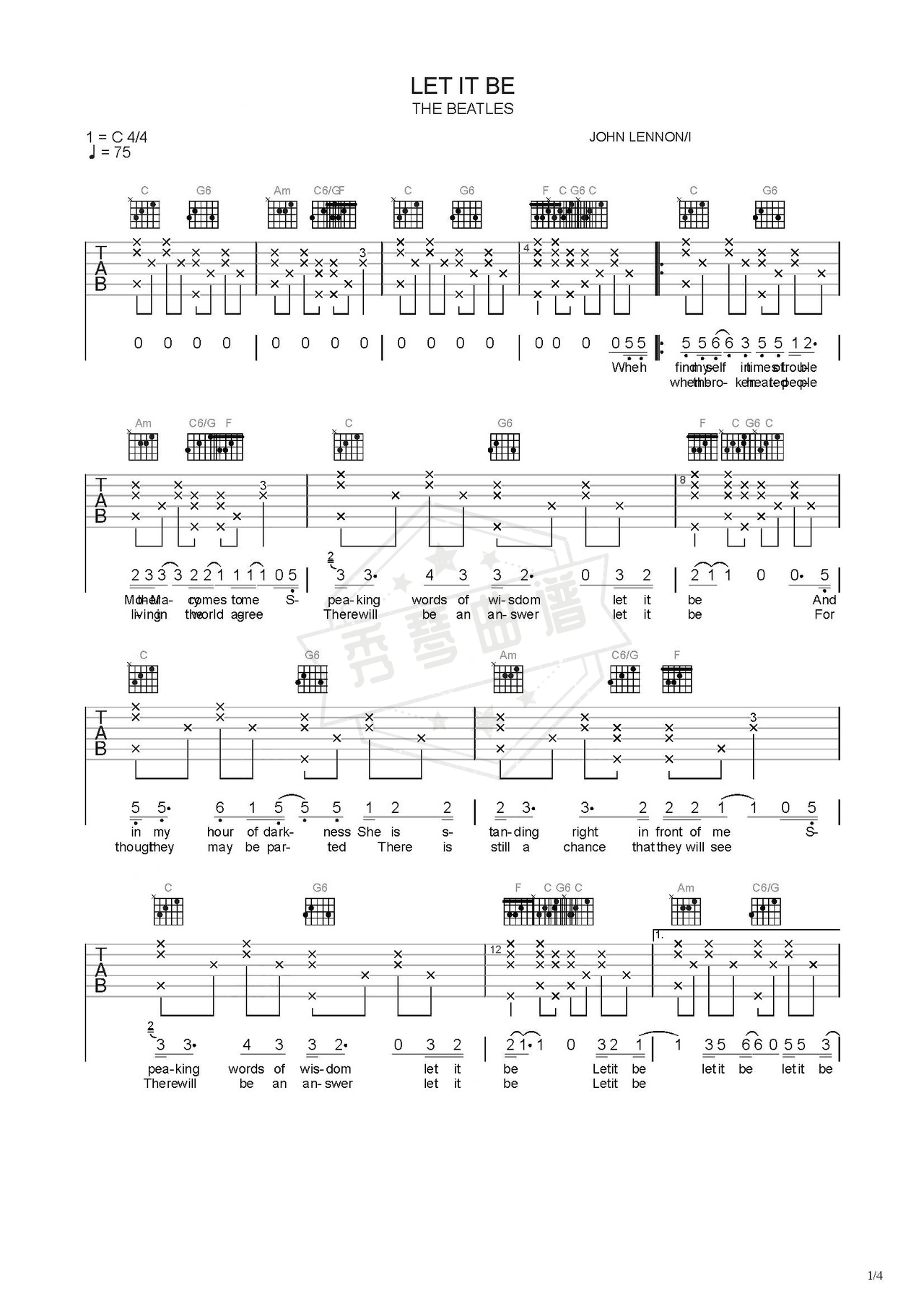 《let》吉他简谱C调弹唱谱（The Beatles）-秀琴曲谱网