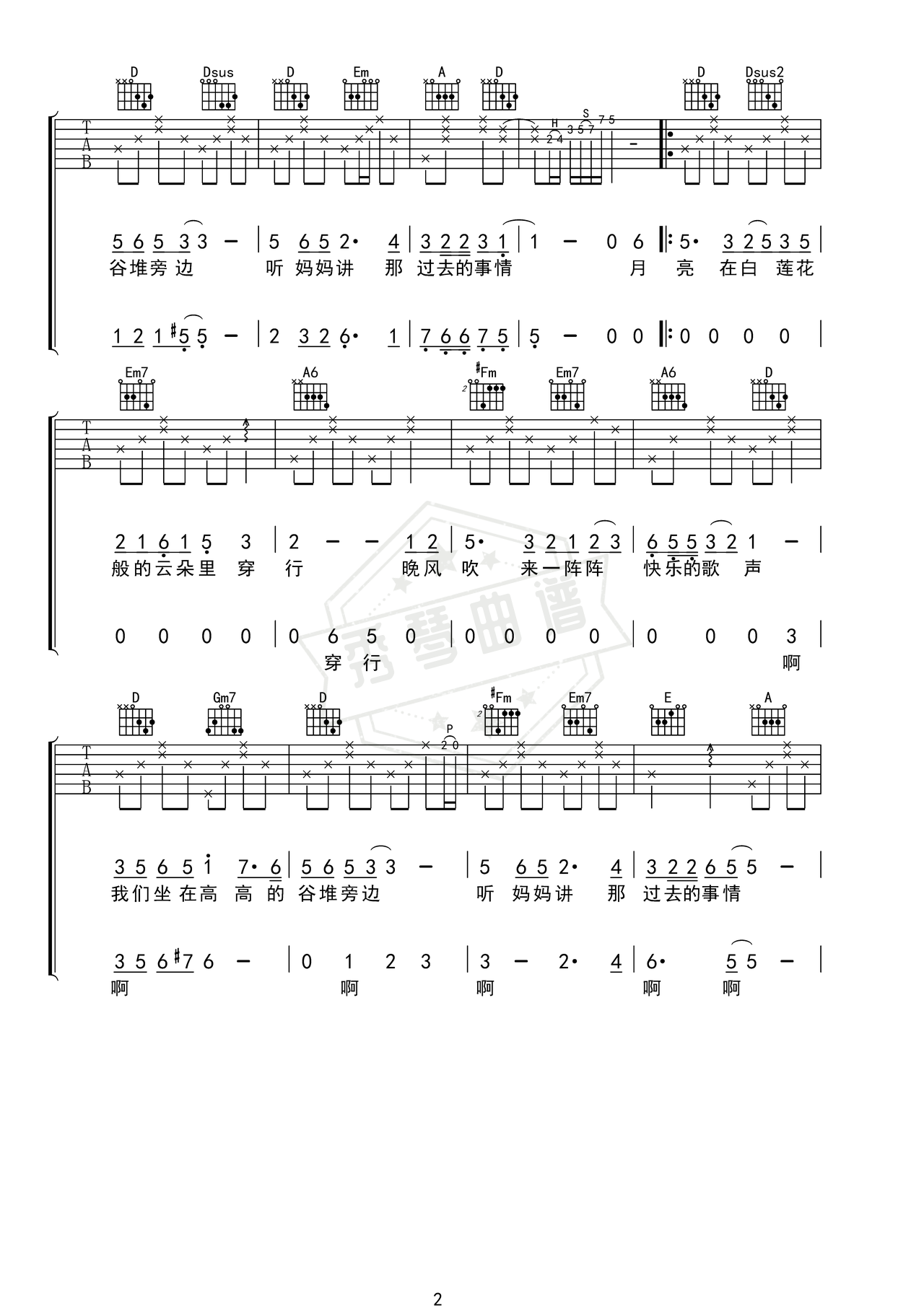 图片[2]-《听妈妈讲那过去的事情》吉他简谱D调弹唱谱（黑鸭子演唱组合）-秀琴曲谱网