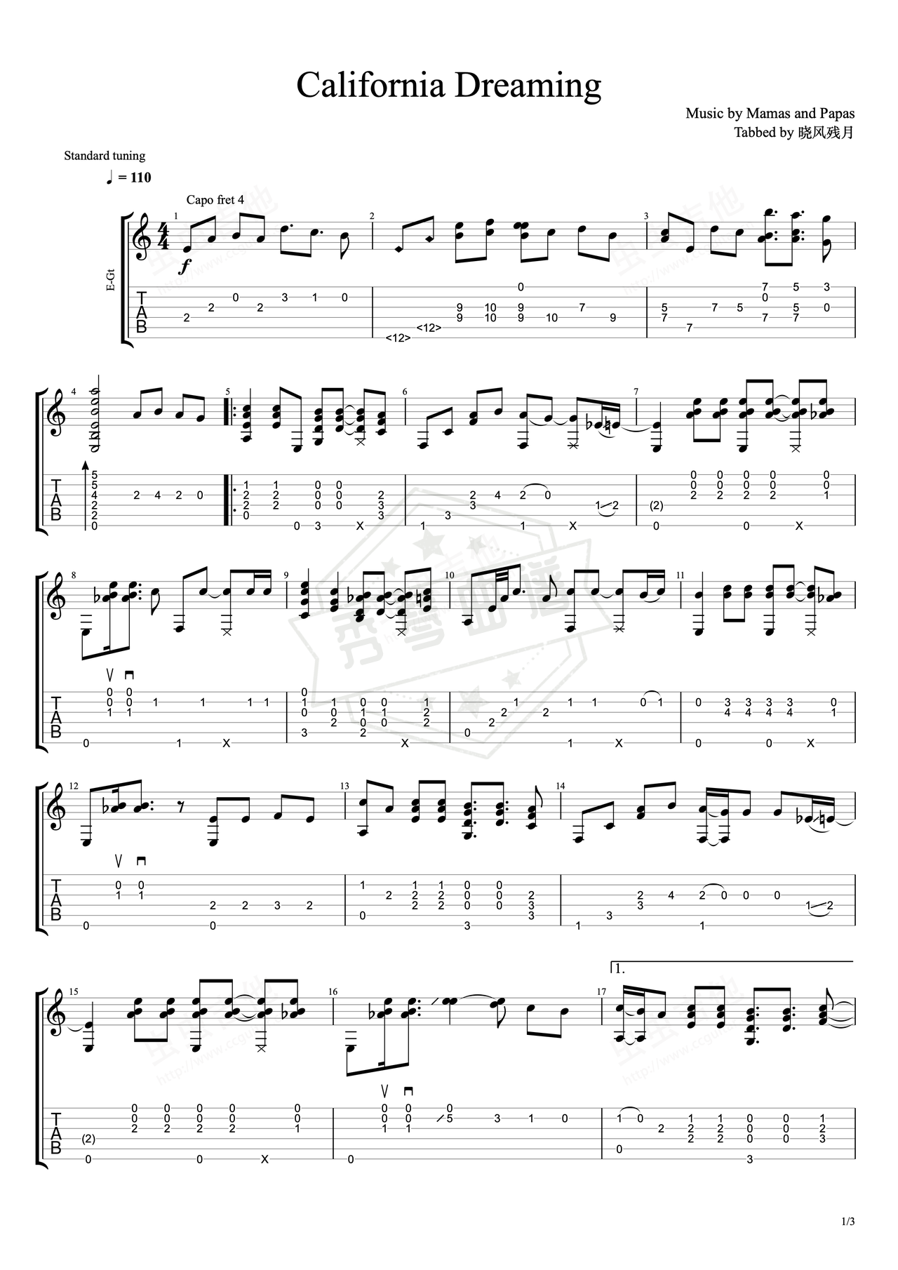 《California Dreaming》吉他简谱E大调指弹谱（The Mamas & The Papas）-秀琴曲谱网