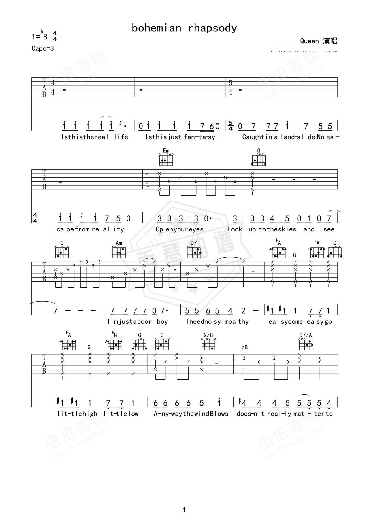 《bohemian rhapsody》吉他简谱Bb调弹唱谱（Queen）-秀琴曲谱网