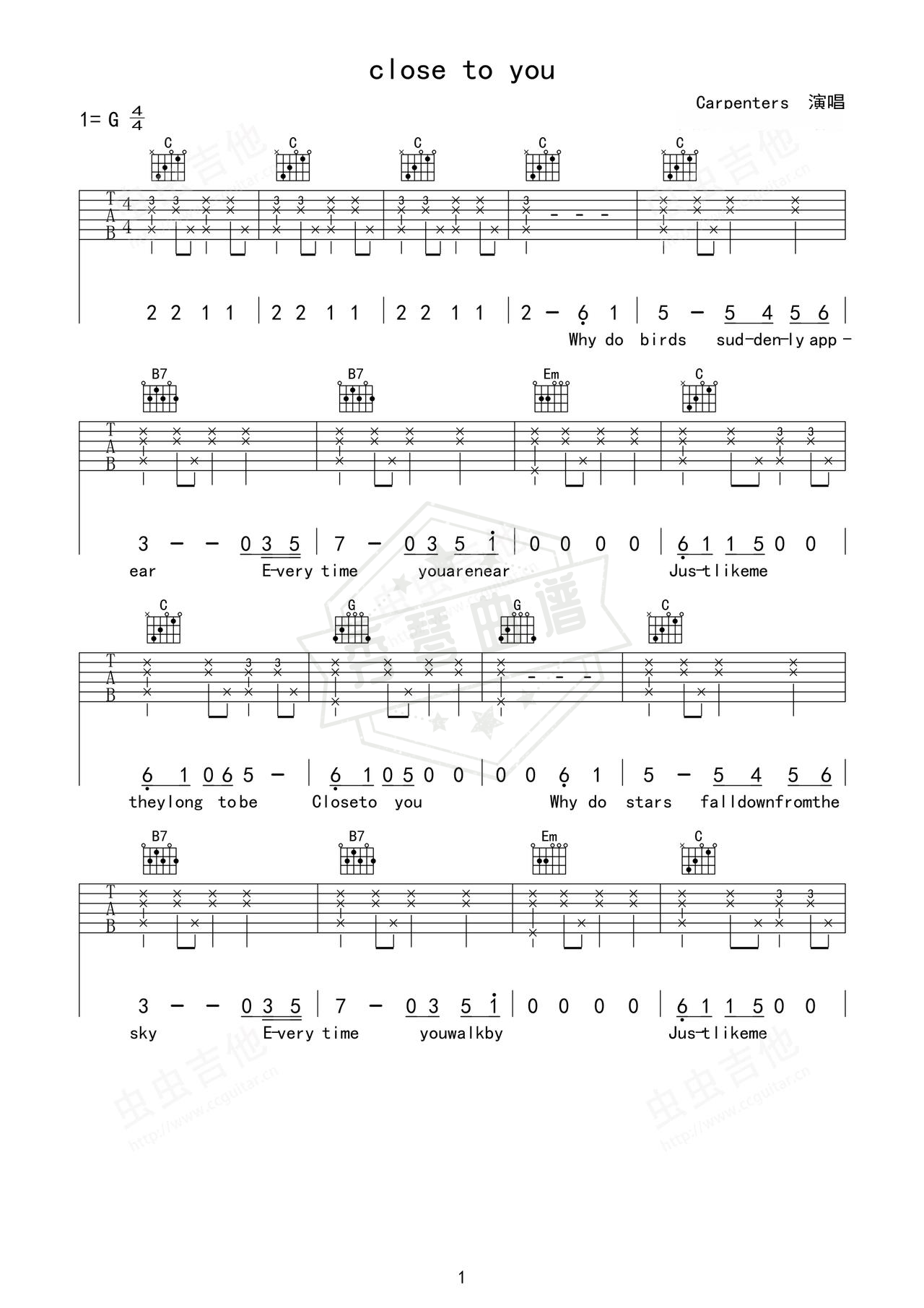 《close to you》吉他简谱G调弹唱谱（Carpenters）-秀琴曲谱网