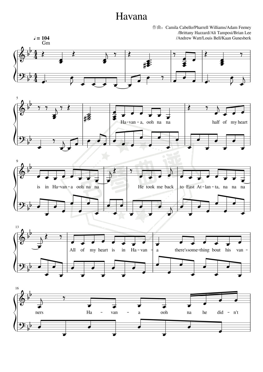 Havana弹唱版-秀琴曲谱网