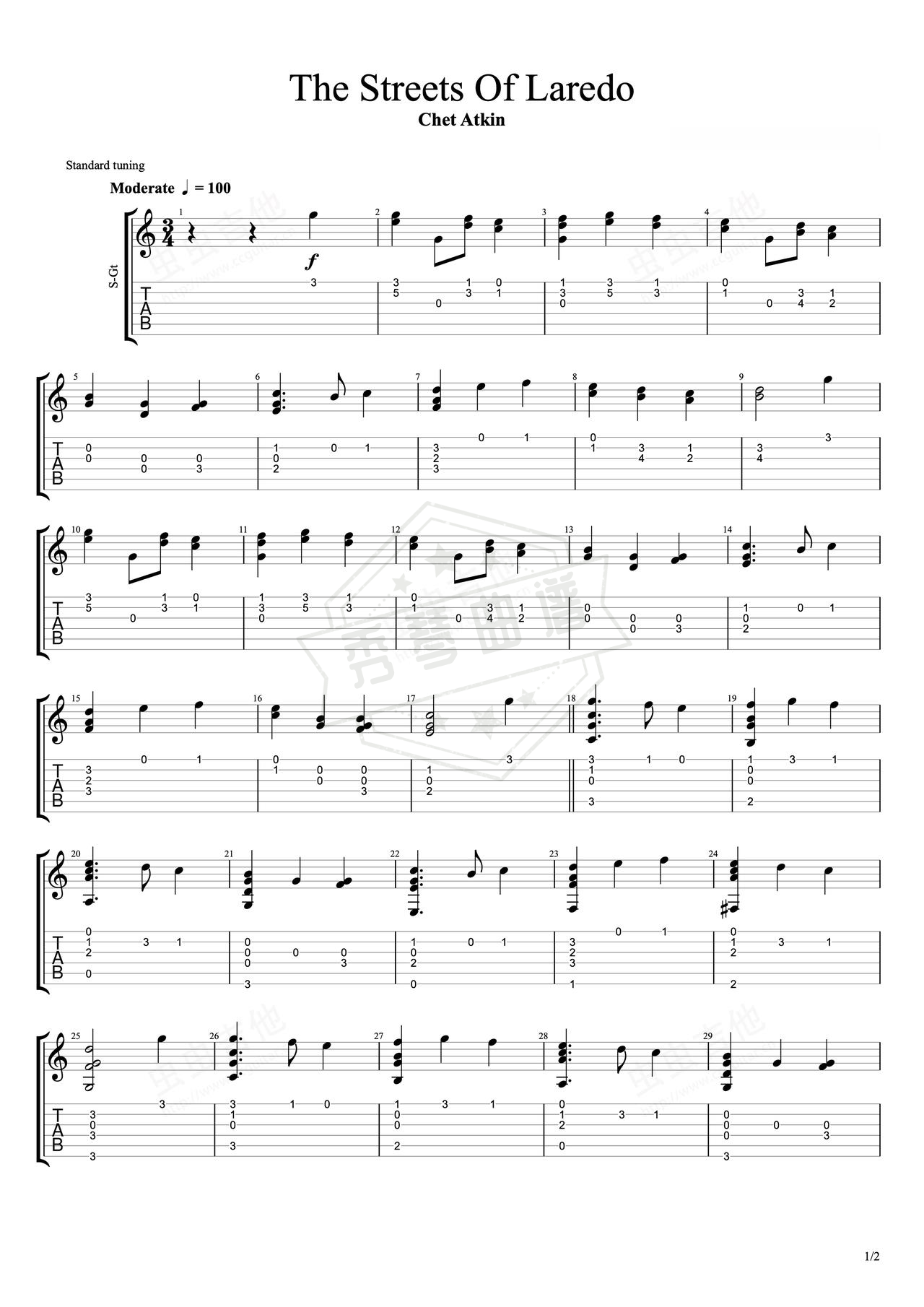《The Streets Of Laredo》吉他简谱C调指弹谱（Chet Atkin）-秀琴曲谱网