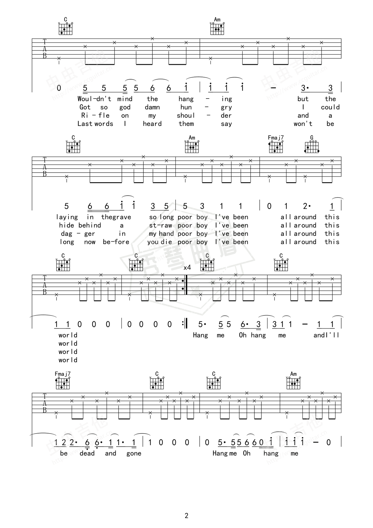 图片[2]-《Hang Me Oh Hang Me》吉他简谱C调弹唱谱（Dave Van Ronk）-秀琴曲谱网