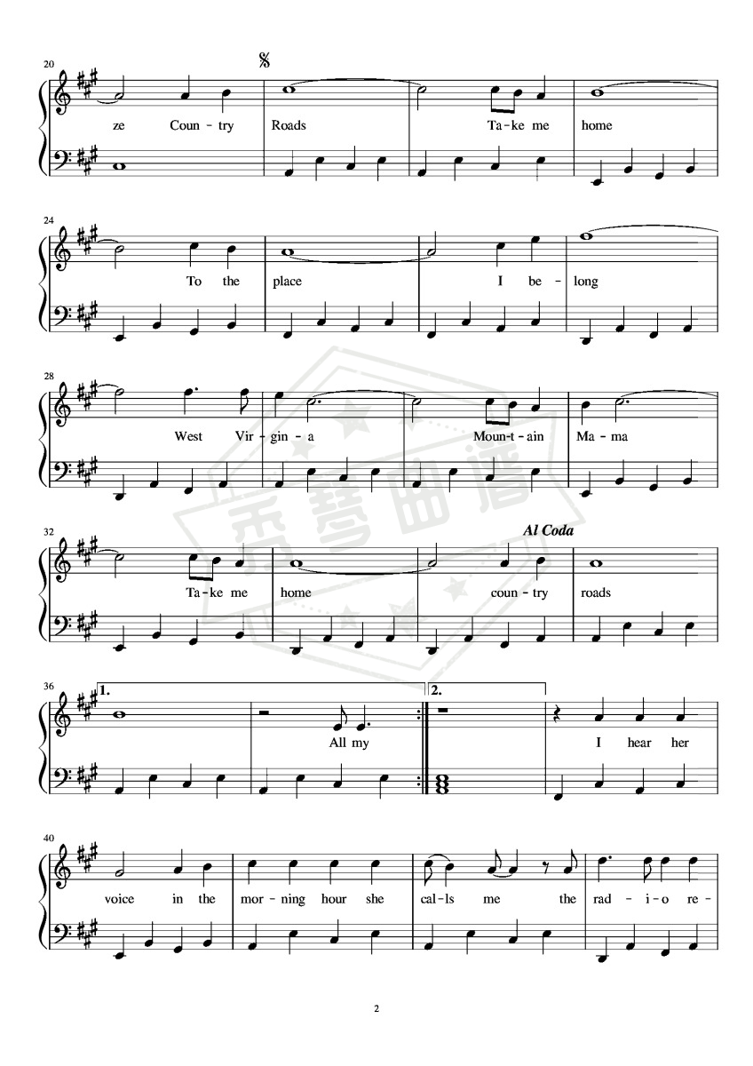 图片[2]-Take Me Home Country Roads 乡村路带我回家钢琴谱简单版-秀琴曲谱网