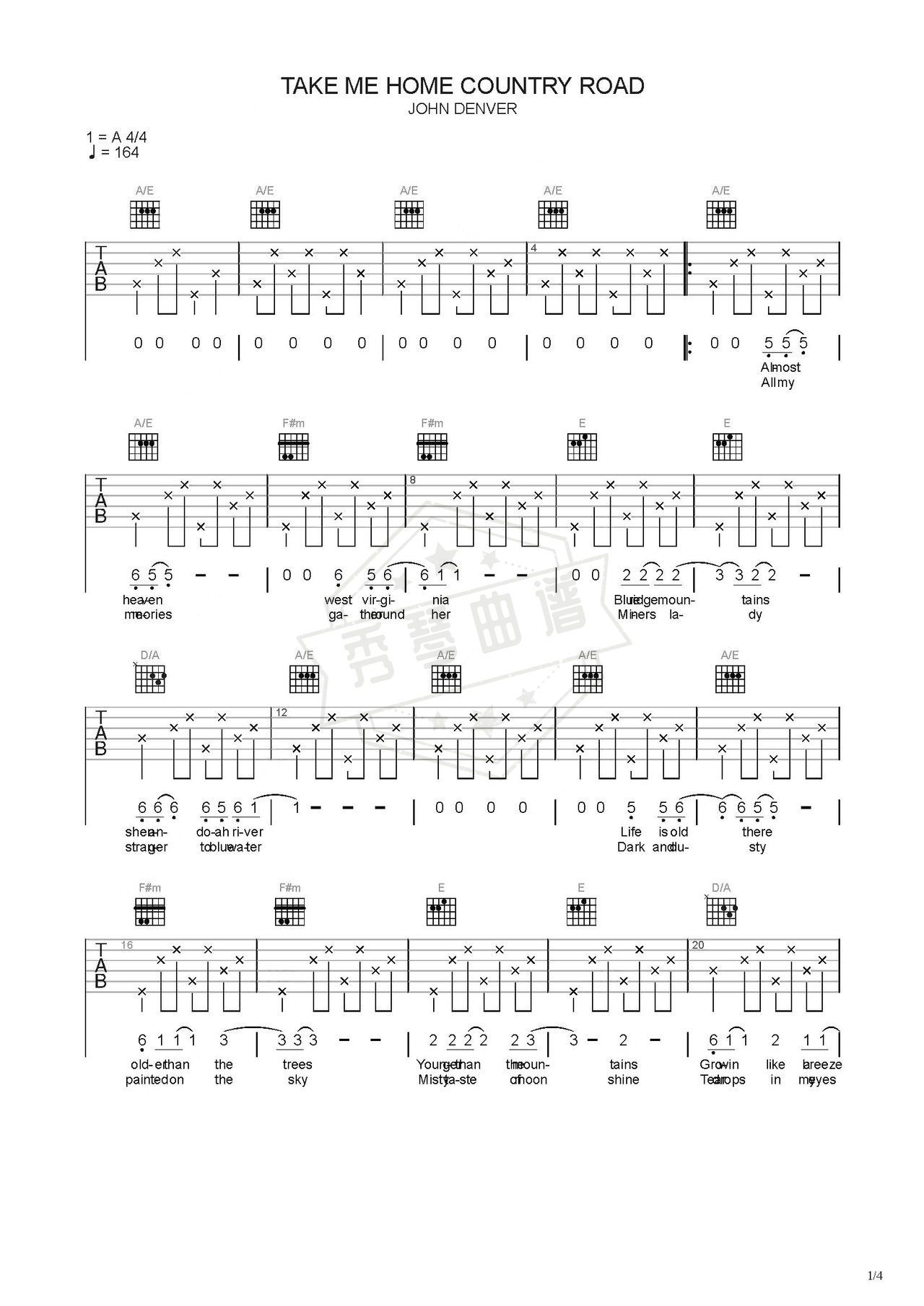 《take》吉他简谱C调弹唱谱（John Denver）-秀琴曲谱网