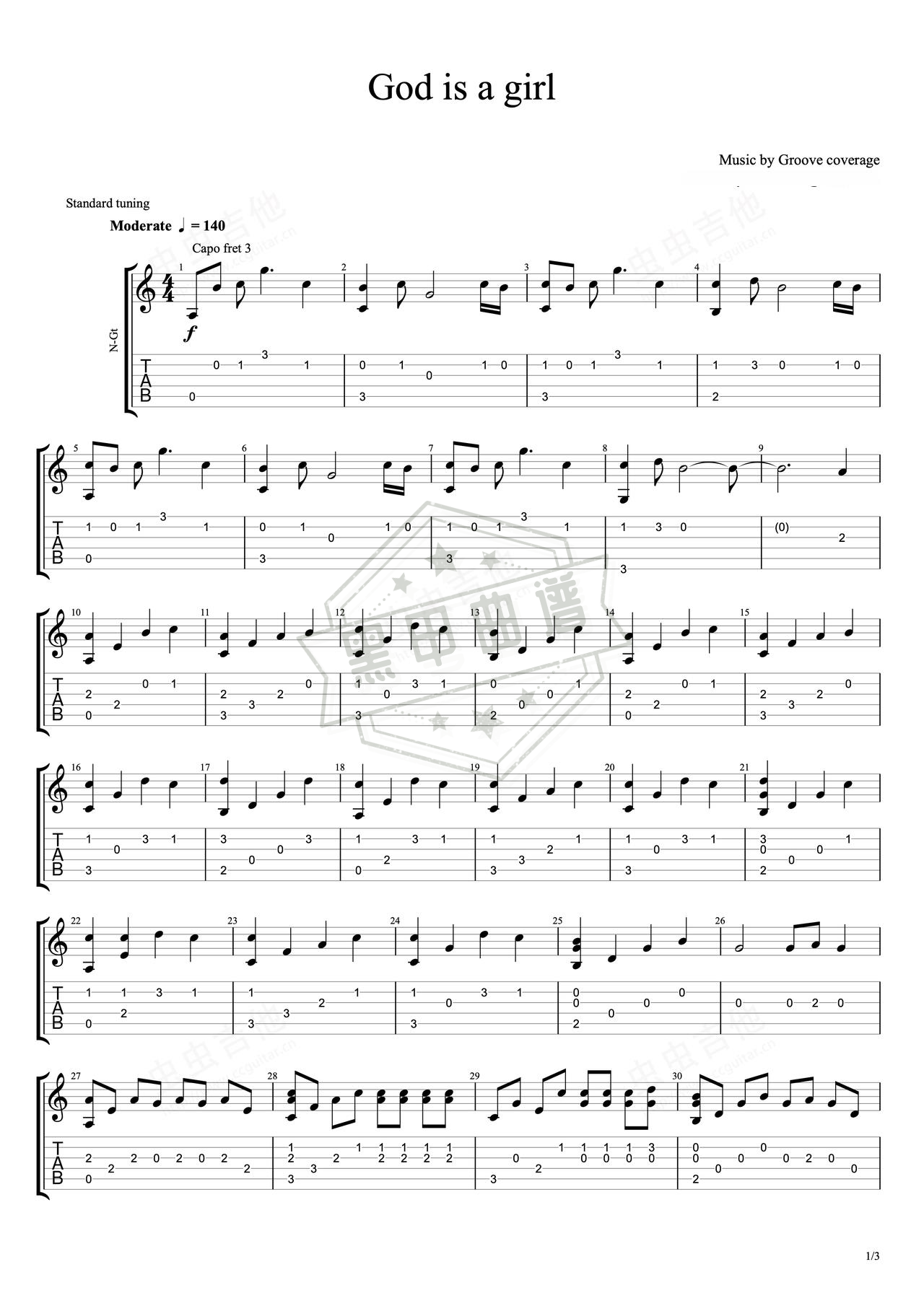 简谱C调《God is a girl》吉他指弹谱_C调God is a girl曲谱
